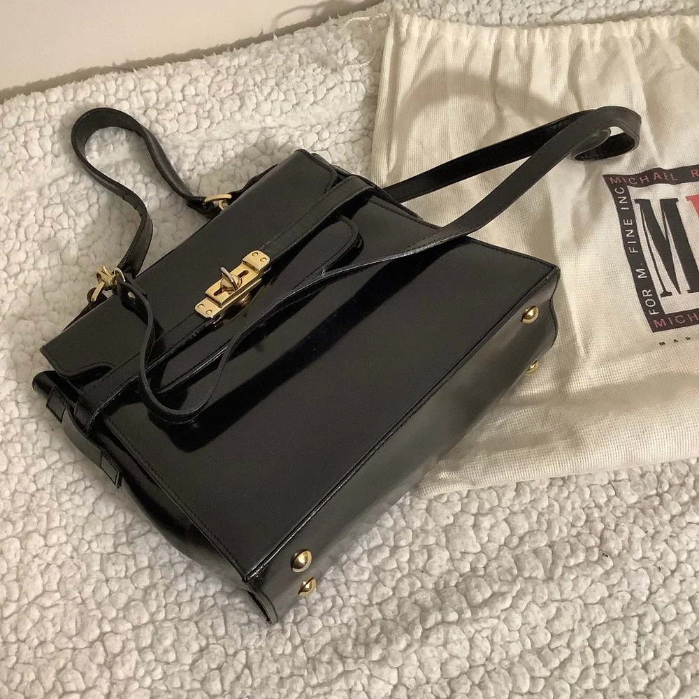 Vintage Michael Rome Patent Leather Handbag with Gold Accents and Dust Cover - Picture 3 of 12